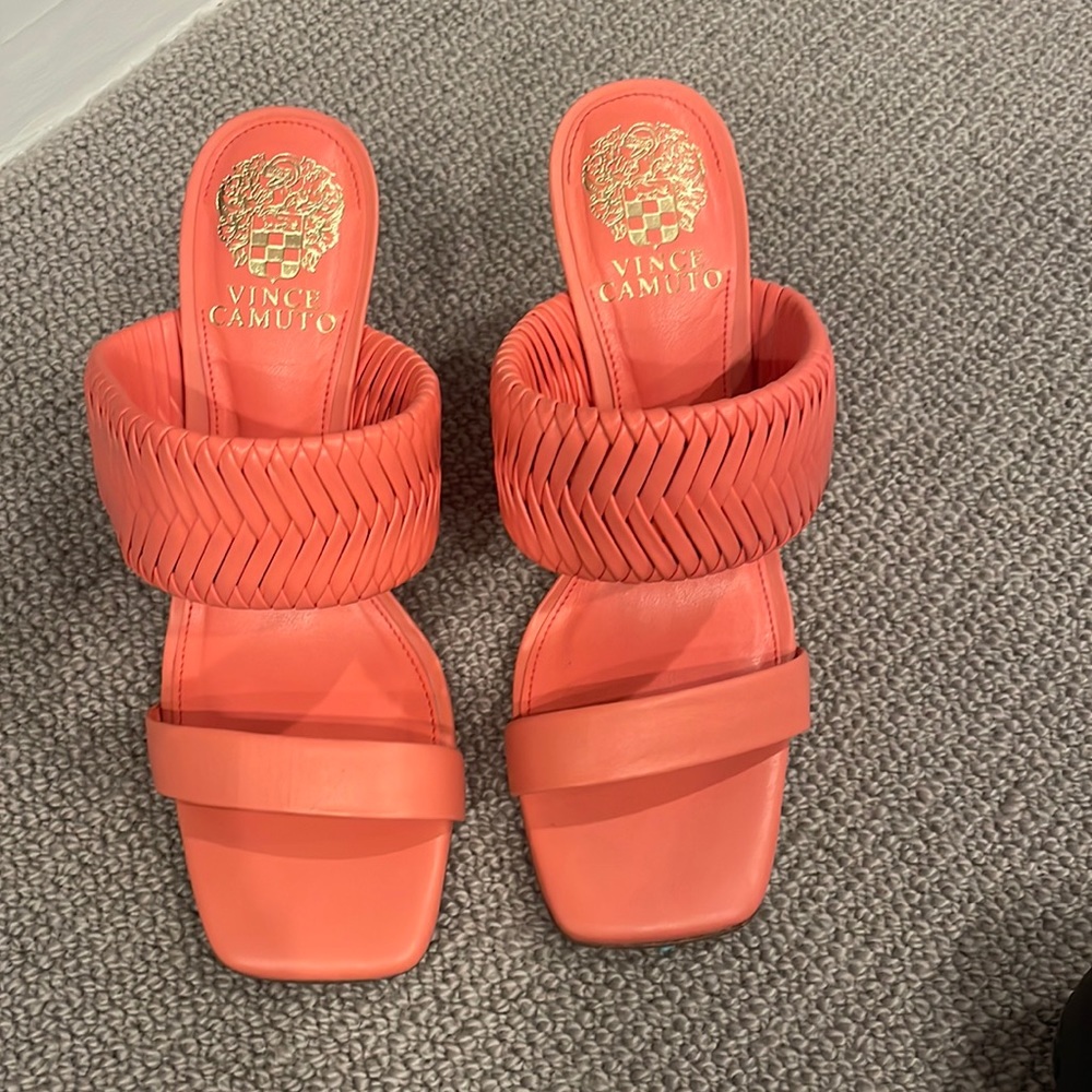 Coral leather sandal slides.